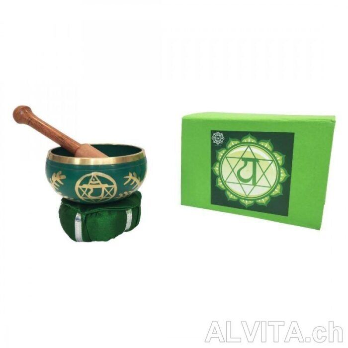 Klangschalen Set „Anahatam Chakra“ grün mit Klöppel & Kissen 10 cm 330 g – Bild 1