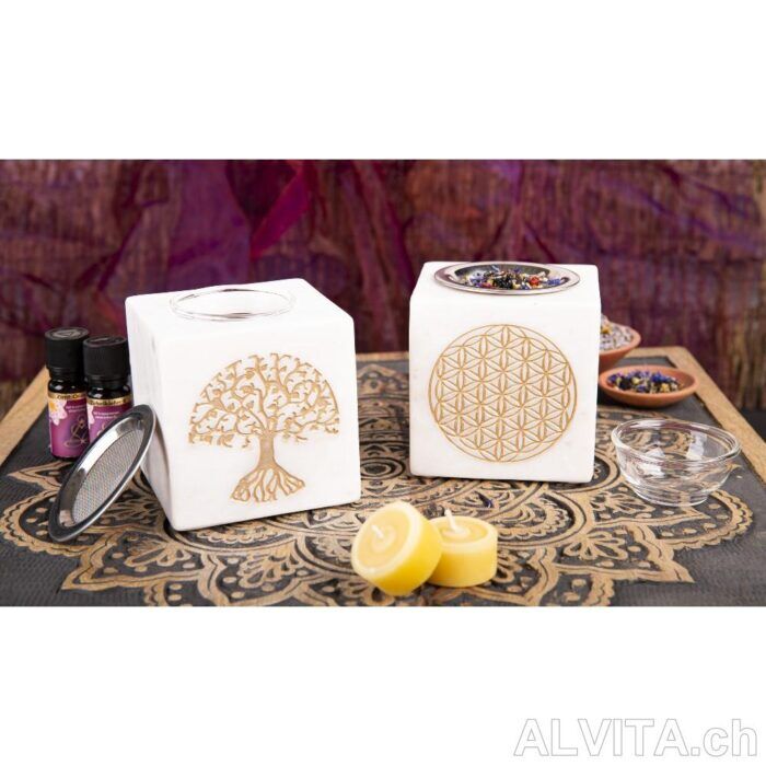 Aromalampe Lebensblume mit Sieb, quadratisch Marmor Aromalampe Lebensblume mit Sieb, quadratisch Marmor