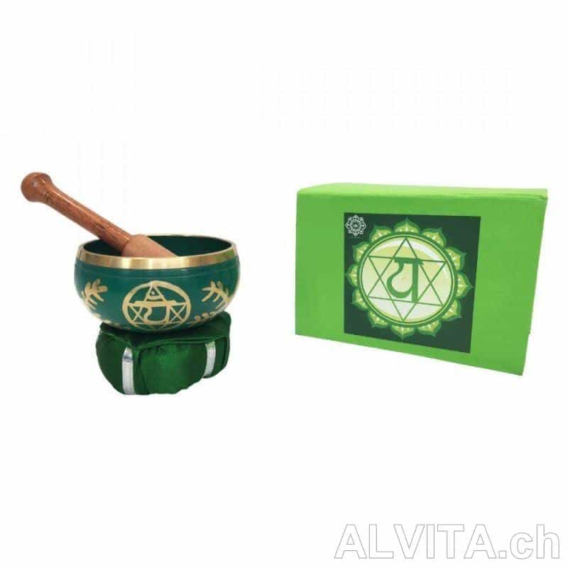 Klangschalen Set „Anahatam Chakra“ grün mit Klöppel & Kissen 10 cm 330 g – Bild 1