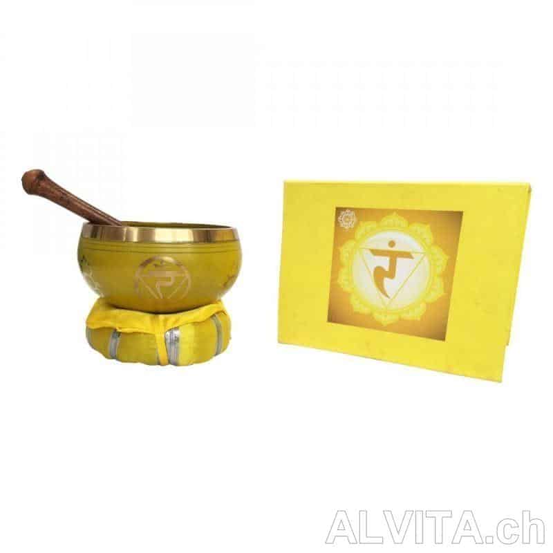 Klangschalen Set „Manipuram Chakra“ gelb mit Klöppel & Kissen 10 cm 330 g – Bild 1