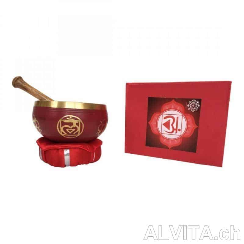 Klangschalen Set „Muladhara Chakra“ rot mit Klöppel & Kissen 10 cm 330g – Bild 1