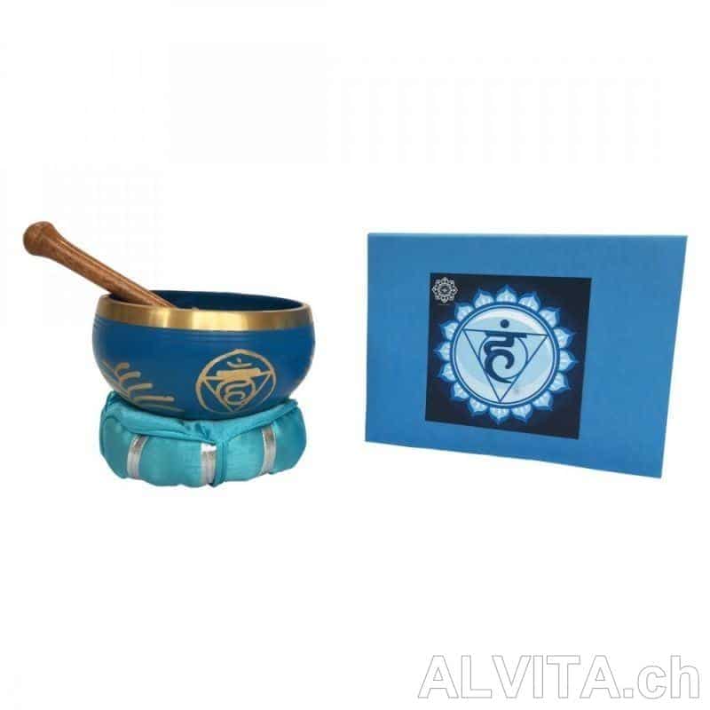 Klangschalen Set „Vishuddi Chakra“ türkis mit Klöppel & Kissen 10 cm 330 g – Bild 1